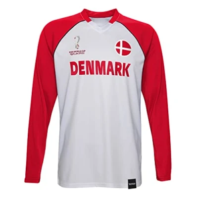 Image of FIFA Official World Cup 2022 Classic Long Sleeve Tee, Mens, Denmark, Medium Red/White