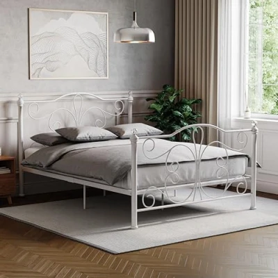Image of Vida Designs Chicago Double Bed, 4ft6 Bed Frame Metal Headboard High Foot End Bedroom Furniture, White