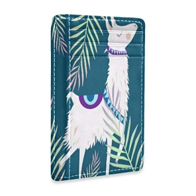 Image of Linomo Thin Leather Card Holder and Money Clip Cute Animal Llama Wallet RFID Blocking for Men &amp; Women