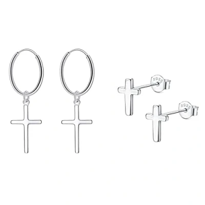 Image of Bo Win 2 Pairs 925 Sterling Silver Earrings Cross Stud Hoop Women Men Studs Hoops Dangle Drop Sleeper for Girls