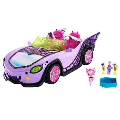 Image of Monster High Toy Car, Ghoul Mobile with Pet and Cooler Accessories, Purple Convertible Spiderweb Details