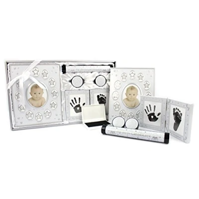 Image of New Baby Unisex Boy Girl Gift 5 Piece Keepsake Set, First Photo Frame, Curl and Tooth Box, Handprint Footprint Prints Kit, Silver White