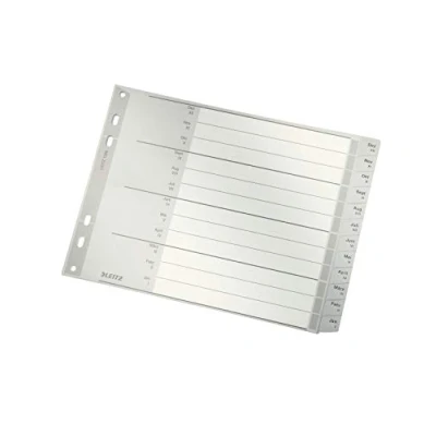 Image of Leitz 12880085 A4 Index Dividers Cardboard Cover and 20 Plastic with Monthly Print Dec Jan, Half Height Extra Width, Grey