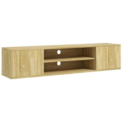 Image of HOMCOM Floating TV Stand Cabinet for TVs up to 60&quot;, Wall Mounted Unit with Open Shelf, Storage Cupboards and Cable Management Living Room, Natural Wood Effect