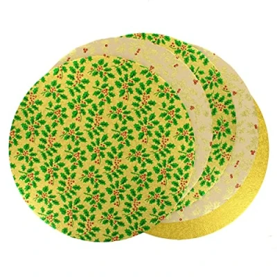Image of Culpitt Gold Selection Christmas Cake Boards, 10&quot;, Holly And Red Berries Festive, 3mm x 254mm 5 Pack, 10 Inch