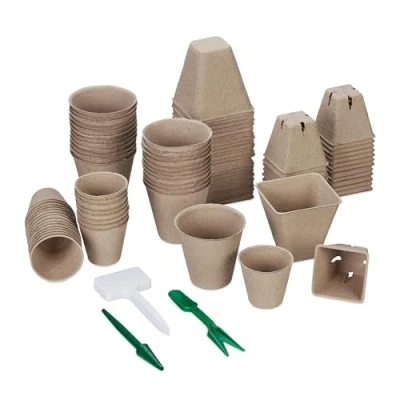 Image of Relaxdays Set of 96 Growing Pots in Different Sizes, Including Accessories, Biodegradable, Planting, Propagation, Brown, Paper, 8 x cm