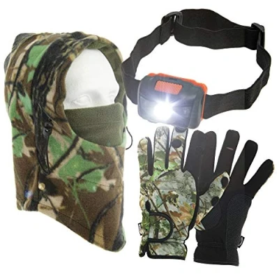 Image of Fishing Neoprene Gloves Folding Fingers + LED Head Torch Camo Snood Hat Available in Small Medium Large &amp; Extra (Medium Size Gloves)