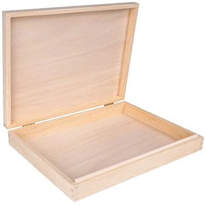 Image of Creative Deco A4 Wooden Storage Box Unpainted Plain Flat 34 x 25.3 5.3 (+/ 1) cm with Hinged Lid Easter Gift for Storing Files Documents &amp; Valuables in the Office or Bedroom Jewellery