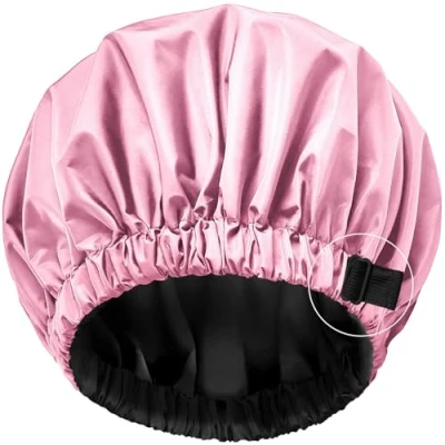 Image of Shower Cap for Women &amp; Pink Bath Cap,Satin Lined Caps,Reusable Double Layer,Waterproof and Adjustable,Extra Large Bonnet Elastic Band, Long Hair, Braids