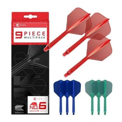 Image of TARGET Darts K Flex Integrated Dart Flights and Shafts, Medium Stem (33mm), No.6 Flight, 9 pack Bundle, Red, Blue &amp; Green