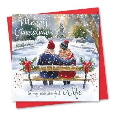 Image of Christmas card for Wife. Lake Design. Eco friendly &amp; UK Made. Verse Inside. 148x148mm size.