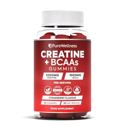Image of PureWellness Creatine and BCAA Gummies 5000mg Monohydrate, 1000mg BCAAs per Serving Chewable Vegan Sugar Free Gummies, Strawberry Flavour (1 Month Supply)