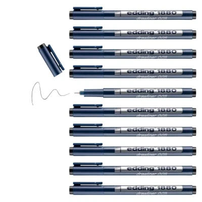 Image of edding 1880 profipen black 10 pens line width 0.2 mm fineliner pen for precise writing, sketching and technical drawing fine, metal encased nib suitable use with rulers stencils