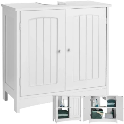 Image of tectake® Under Sink Bathroom Cabinet in Country House Style, 2 Large Compartments, Doors with Magnetic Closure, Edge Protection for Siphon Cut Out 62 x 30 60 cm Storage Cupboard White