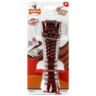 Image of Nylabone Basted Blast Extreme Chewers Tough Nylon Dog Chew Toy Bone, Durable, Boredom Breaker, Cleans Teeth, Bacon and Steak Flavour, Extra Large, For Dogs 0 23+kg