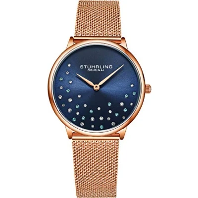 Image of Stuhrling Original Womens Watch Krystal Diamond Analog Dial and Bezel, Stainless Steel Bracelet 3909 Watches for Women Collection (Rose Gold)