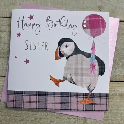Image of WHITE COTTON CARDS SISTER PUFFIN BIRTHDAY CARD, HAND FINISHED (S348 SIS)