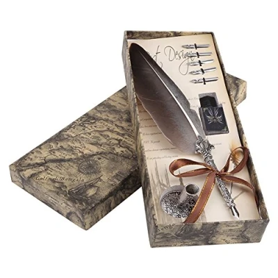 Image of ANGGREK Quill Pen and Ink Set Feather Calligraphy Writing Dip Antique with Replacement Nibs, Nib Base