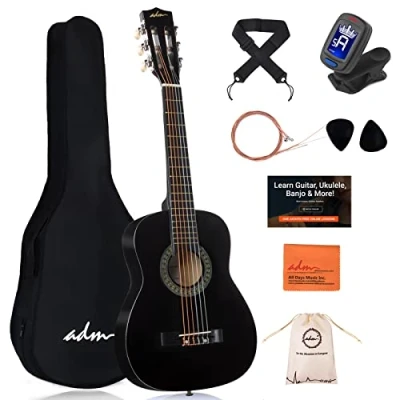 Image of ADM 1/4 Kids Classical Guitar Kit, Junior Set for Beginnner with Gig Bag, Clip on Tuner, Strap, Picks, Extra Strings, Storage Bag and Cleaning Cloth (Bright Black, 30&quot;)
