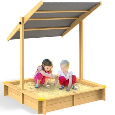 Image of Spielwerk® Fritzi Sandpit Tiltable Sun Roof &amp; Practical Bench Natural Spruce Wood UV50+ UV Protection Edge Floor Fleece Children&#039;s Sandbox 120x120x120cm