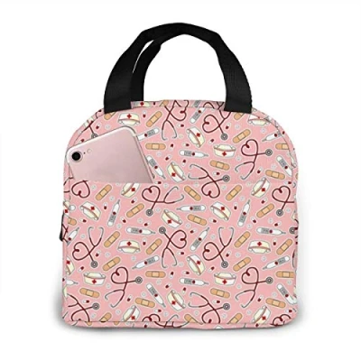 Image of Insulated Lunch Bag Nurse Print Pink Tote for Women Cooler Thermal Box Men Children Outdoor Picnic Work
