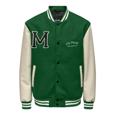Image of ONLY &amp; SONS Men&#039;s Onsjay Varsity 23 Jacket OTW Bomber, Dark Green/Detail:Silver Lining, XL