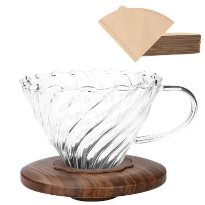 Image of Lalord Pour Over Coffee Dripper with 100 pcs of Size 02 Paper Filter, Borosilicate Glass &amp; Walnut Collar, Drip Maker, 1 3 Cups, Clear (Coffee Dripper)