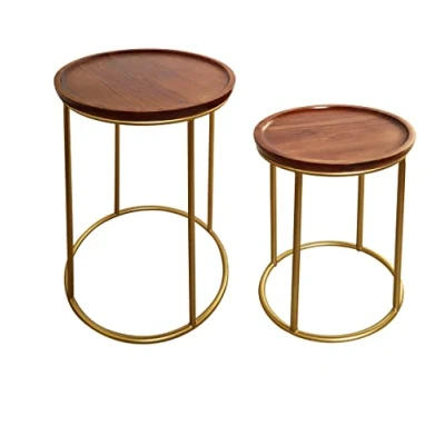 Image of ASPECT Delphyne Wooden Round Nest of 2 Tables with Metal Legs, Brown/Gold, L 40 Dia x 56(H) cm/S 30 45.5 (H) cm