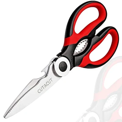Image of Cutacut Kitchen Scissors Stainless Steel Sharp Blades with TPR Grip Multipurpose Heavy Duty for Meat, Chicken, Fish, Vegetables, and Herbs Bottle Opener. (Red)