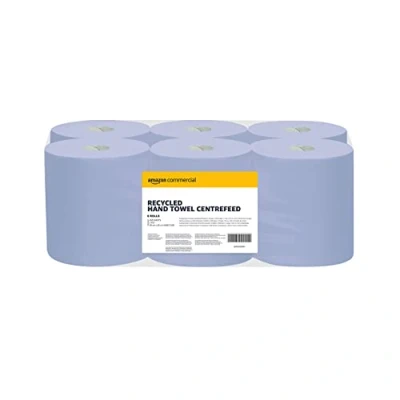 Image of AmazonCommercial Paper Hand Towels, 2 ply Centrefeed, Blue Roll Recycled, 6 Rolls (1 pack), 450 Sheets per Roll, Sheet Size: 30 cm x 20