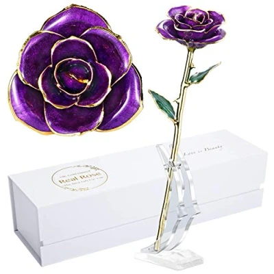Image of MAXSPT Anniversary Rose Gift for Wife, Forever 24k Gold Real and Best her Rose, Purple with Stand