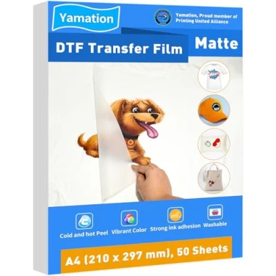 Image of Yamation DTF Transfer Film, A4 (210 x 297 mm), 50 Sheets Premium Double Sided Matte PET Paper for Direct to Film Printing on T Shirts