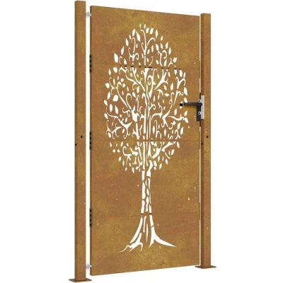 Image of vidaXL Garden Gate in Corten Steel with Tree Design Laser Cut Decorative Entryway for Garden/Patio Durable and Lockable, 105x205 cm