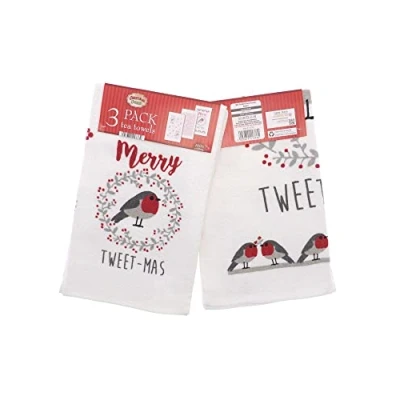 Image of COUNTRY CLUB 100% Cotton Pack of 3 Kitchen Tea Towels Choose from over 30 On Trend Modern Designs (Merry Tweet mas)