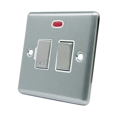 Image of AET CSCSFNWS Satin Chrome Classical Spur w White Insert Metal Rocker Switch 13 Amp Switched Fused Connection Unit with Neon Indicator