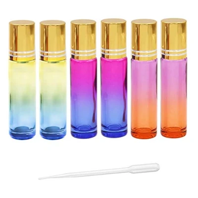 Image of JamHooDirect 6Pcs, 10ml Essential Oils Roller Bottles, Empty Refillable Gradient Color Glass Roll on Bottles with Stainless Steel Balls &amp; Golden Caps, Includes Labels, Dropper Opener