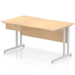 Image of Impulse 1400 x 800mm Scalloped Edge Straight Office Desk Maple Top Silver Cantilever Leg Workstation 1 Drawer Fixed Pedestal