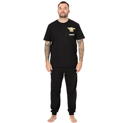 Image of Star Wars The Mandalorian Mens Pyjamas Baby Yoda Loungewear Pants and T Shirt Black Complete PJ Set Adults Short Sleeve Tee Long Leg Bottoms Pajama Nightwear Sci fi Merchandise Gift for Him