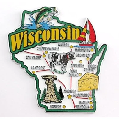 Image of World By Shotglass Wisconsin State Map and Landmarks Collage Fridge Souvenir Collectible Magnet FMC