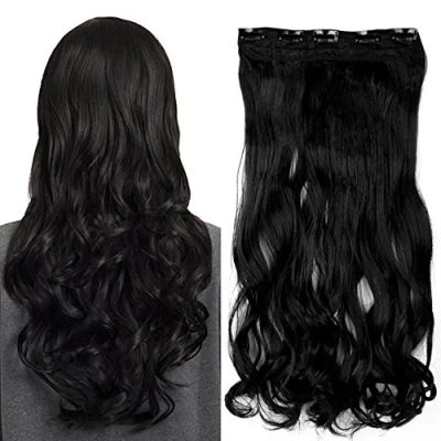 Image of 17&quot; Clip In Hair Extensions One Piece Curly Hairpieces 5 Clips Wavy Synthetic Dark Black(43cm 120g)