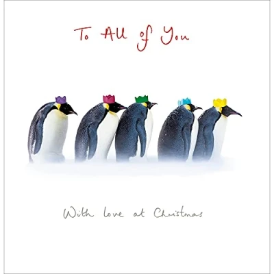 Image of Penguins in Party Hats To All of You Christmas Card