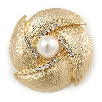 Image of Avalaya Vintage Textured Diamante, Simulated Pearl Corsage Brooch in Gold Plating 4.5cm Diameter