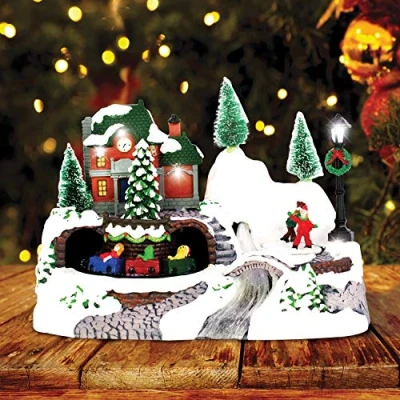 Image of Christmas Workshop LED Village With Revolving Train &amp; Fibre Optic River