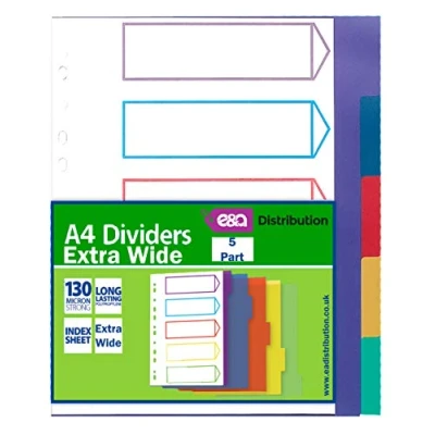 Image of A4 File Dividers Plastic Coloured Tabs Subject Filing Numbered A Z Extra Wide (5 Part Wide)