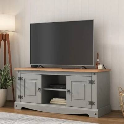 Image of Corona Grey TV Stand 2 Door 1 Shelf Mexican Solid Pine Television Flat Screen