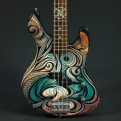 Image of Lindo Sahara Electric Bass Guitar (Short Scale 30&quot;) Abalone Sea Shell and Maple Wood Nautical Star 12th Fret Inlay Graphic Art Finish Composite Neck Designed in UK