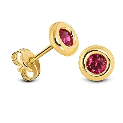 Image of Miore Gold Earrings for Women Solitaire Round Studs with Red Ruby Gems 0.21ct Made In Yellow 9ct 375, Ear Piercing Stud 5.5 x mm Jewellery Box