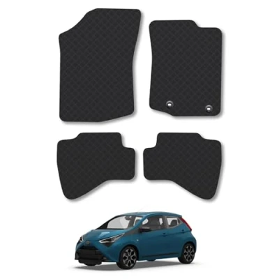 Image of Rubber Car Mats Compatible with Toyota Aygo (2014 2021) [Hook Clip] Tailored Fit Floor Set Accessory Black Custom 4 Pieces Clips Anti Slip Backing, Heavy Duty &amp; Waterproof
