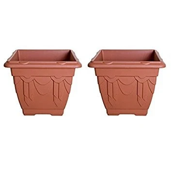 Image of Set of 4 Terracotta Square Venetian Pot Decorative Plastic Garden Flower Planter 30cm
