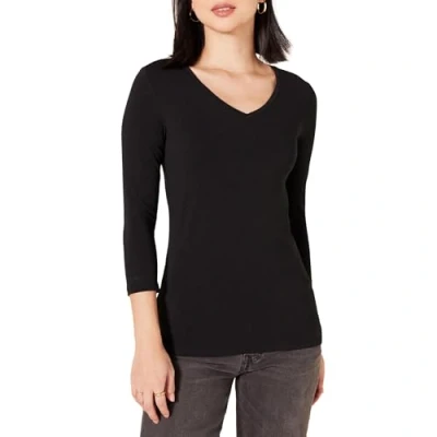 Image of Amazon Essentials Women&#039;s Classic Fit 3/4 Sleeve V Neck T Shirt (Available in Plus Size), Black, XXL